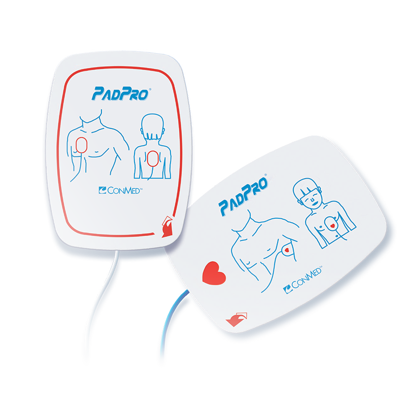 two padpro electrodes with red and blue design showing where to stick electrode on patient